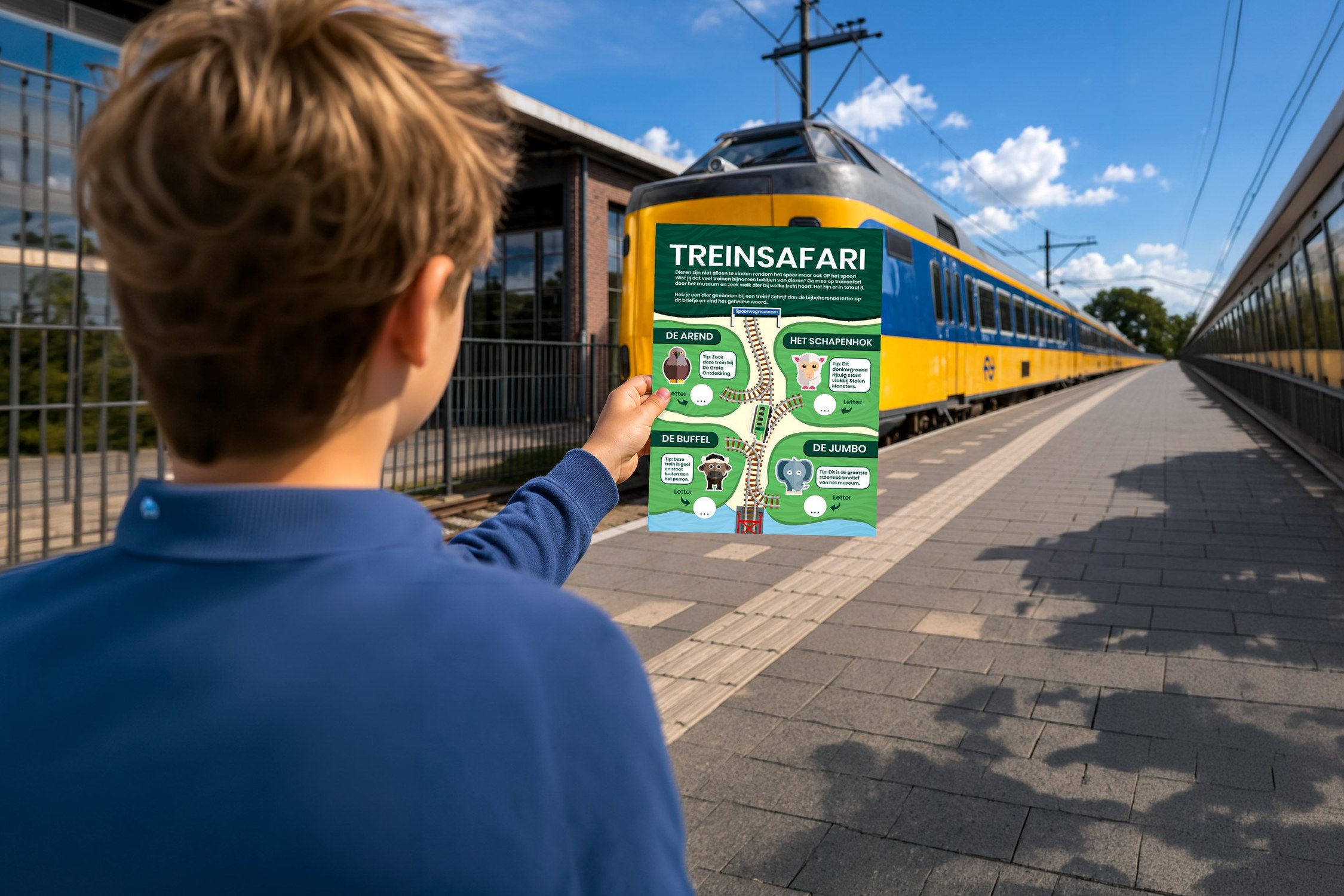 A child holding up the Treinsafari flyer on the platform at the Spoorwegmuseum